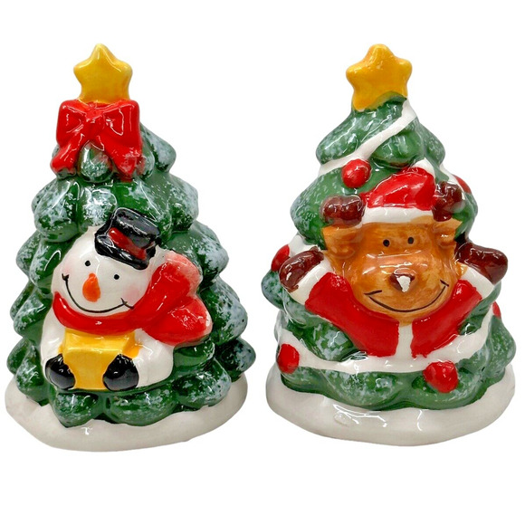 Christmas Tree Snowman and Reindeer Salt & Pepper Shakers Set Holiday Decor Vtg - Picture 1 of 8